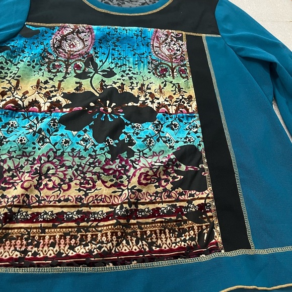 [XL]Tribal Teal and Black Burnt Velvet Mesh Women's LS Floral Blouse - Picture 2 of 7